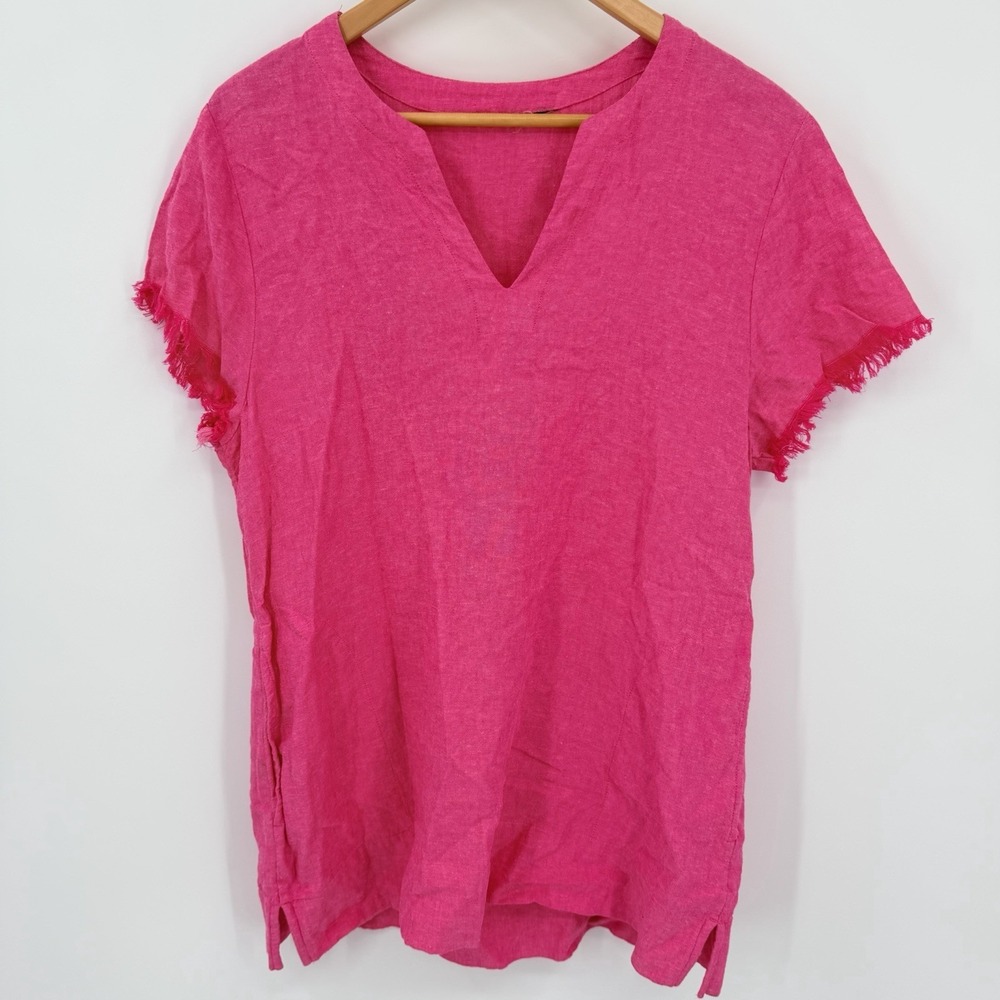 Lands End Hot Pink Linen Blend Sz L Tunic‎ Cover Up Frayed Arms Coastal Pockets